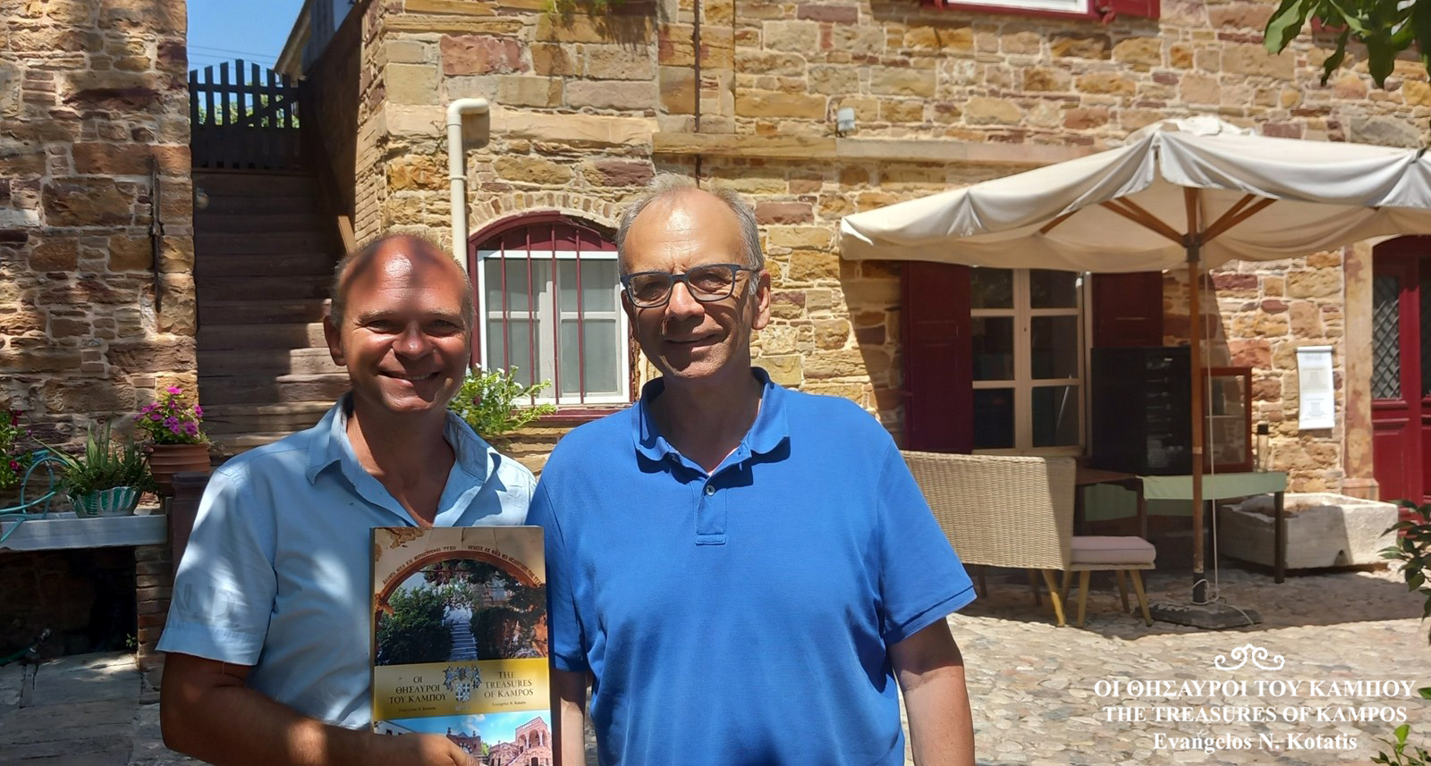 A commemorative photograph with the esteemed Ioannis Vingas of the Karalis–Rodokanakis family during our meeting regarding my book, ‘‘The Treasures of Kampos’’ and the history of his family.